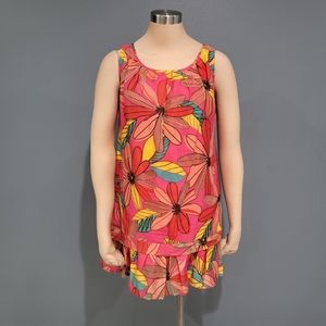 NARCISA LANG Pink Large Floral Drop Waist Pleated Tunic Mod Mini Dress M